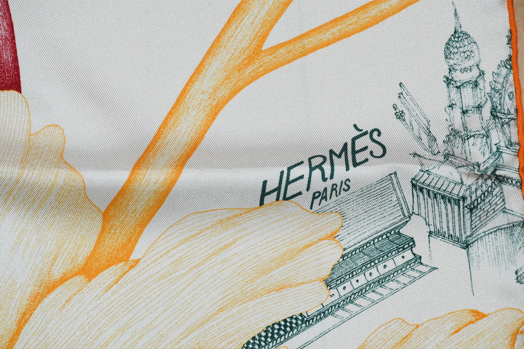 Hermes Scarf A l'Ombre des Pivoines 90 cm silk white orange Carre shadow flower