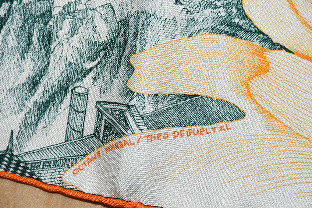 Hermes Scarf A l'Ombre des Pivoines 90 cm silk white orange Carre shadow flower