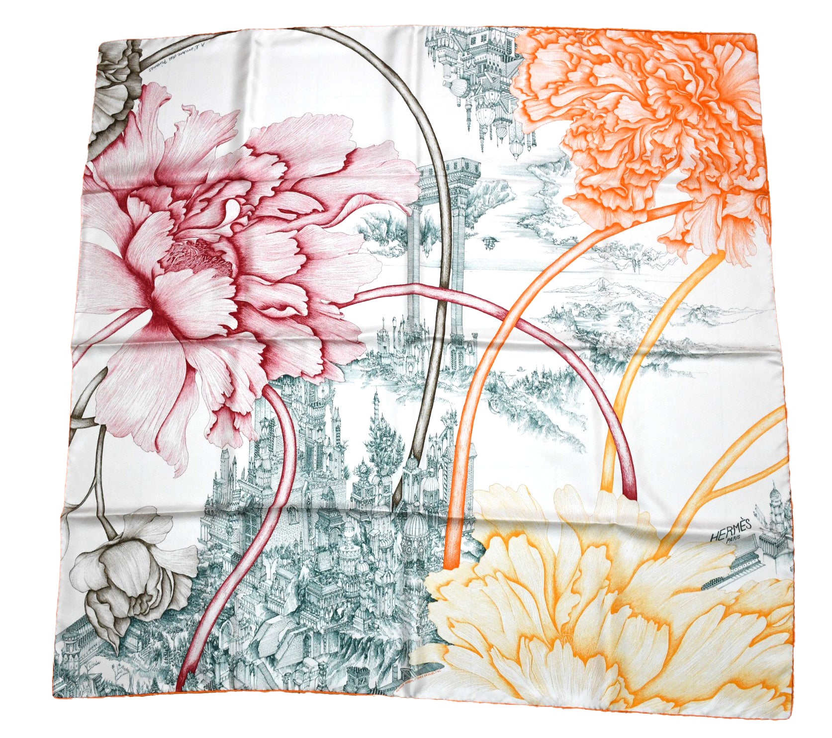 Hermes Scarf A l'Ombre des Pivoines 90 cm silk white orange Carre Hermes Scarf A l'Ombre des Pivoines 90 cm silk white orange Carre