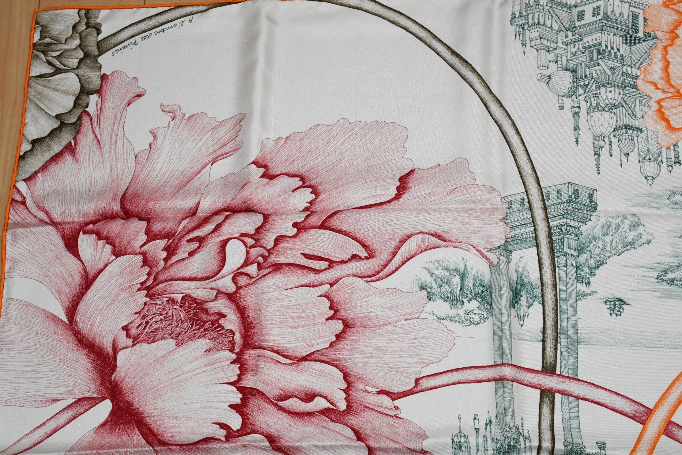 Hermes Scarf A l'Ombre des Pivoines 90 cm silk white orange Carre