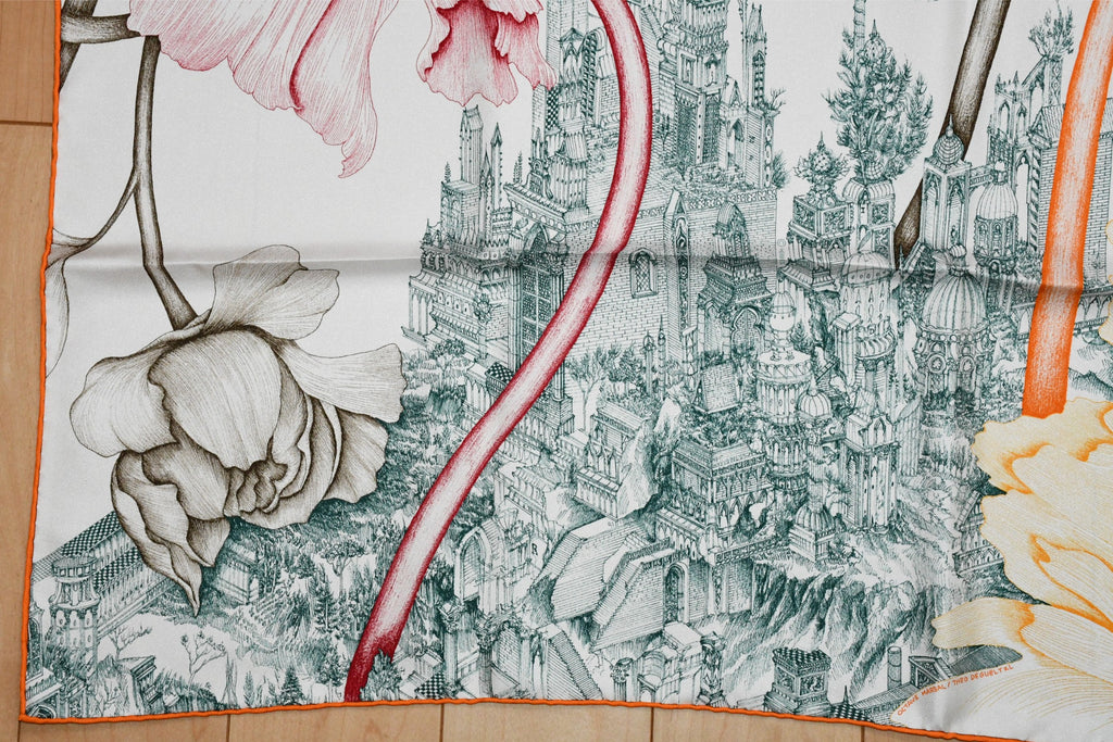 Hermes Scarf A l'Ombre des Pivoines 90 cm silk white orange Carre shadow flower