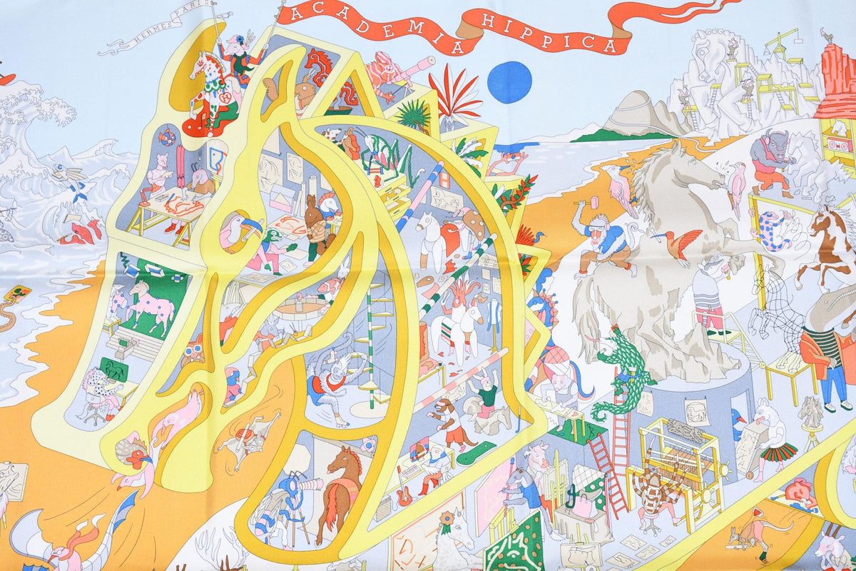 Hermes Scarf Academia Hippica 90 cm silk orange Carre horse 