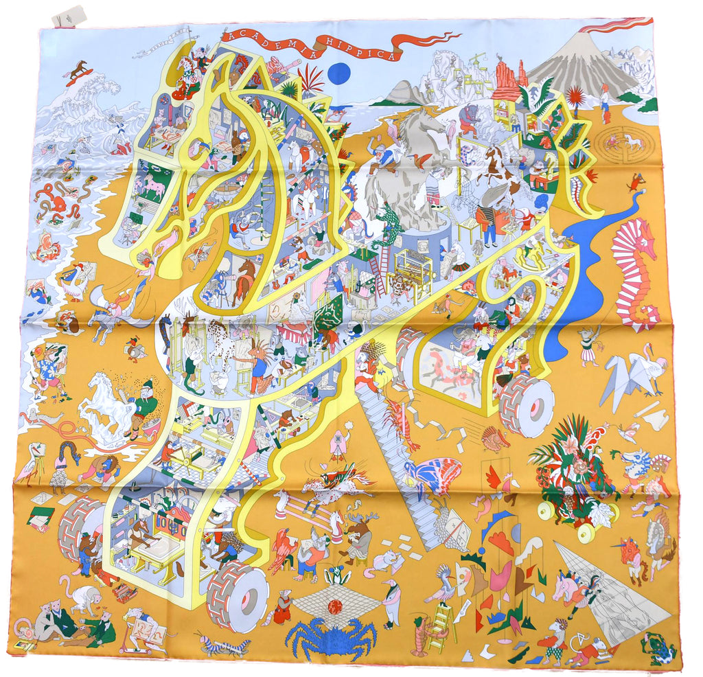 Hermes Scarf Academia Hippica 90 cm silk orange Carre horse academy 35"