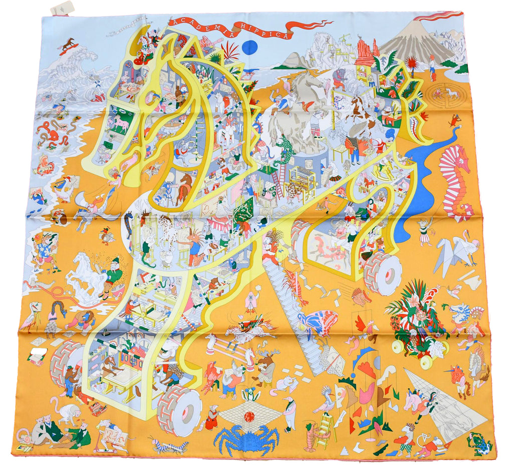 Hermes Scarf Academia Hippica 90 cm silk orange Carre horse academy 35"