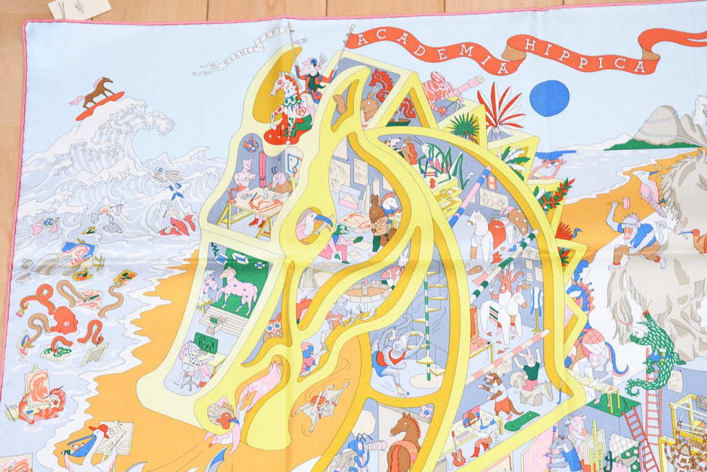 Hermes Scarf Academia Hippica 90 cm silk orange Carre horse academy 35"
