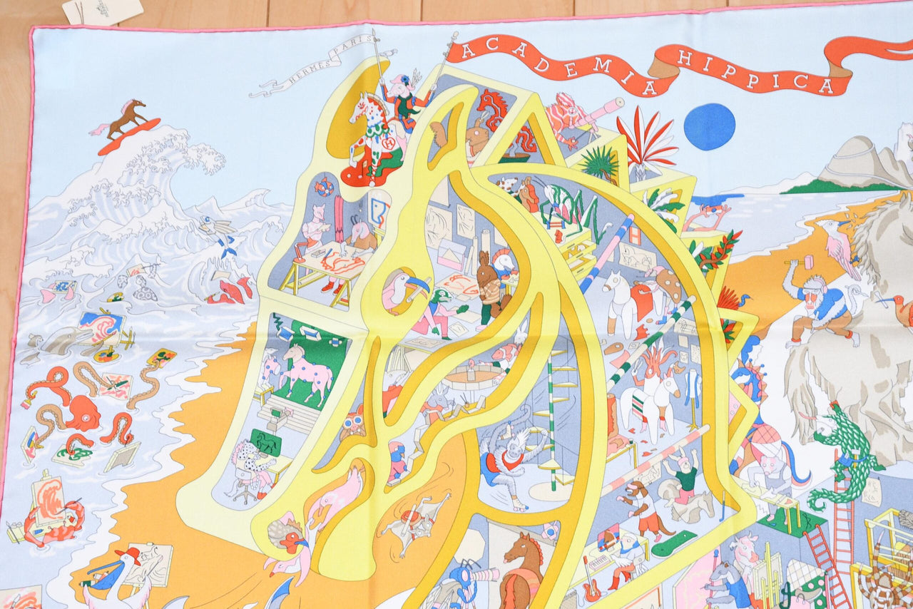 Hermes Scarf Academia Hippica 90 cm silk orange Carre horse academy 35"