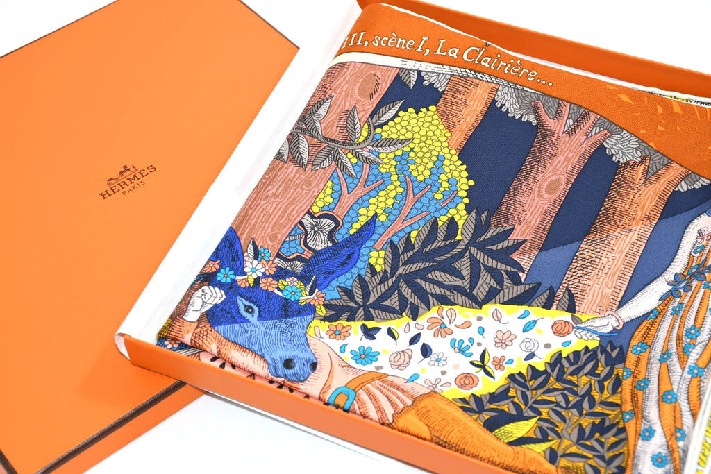 Hermes Scarf Acte III Scene I La Clairiere 90 cm silk blue orange Carre sun 35"