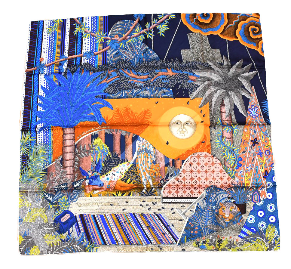 Hermes Scarf Acte III Scene I La Clairiere 90 cm silk blue orange Carre sun 35"