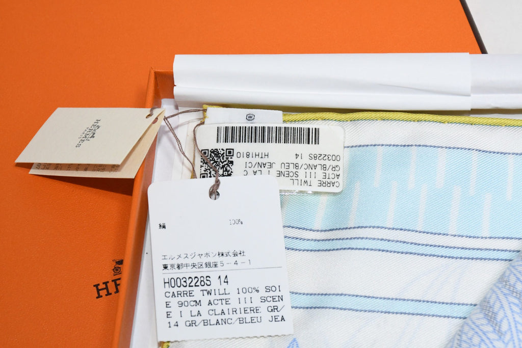 Hermes Scarf Acte III Scene I La Clairiere 90 cm silk light blue Carre sun NWT