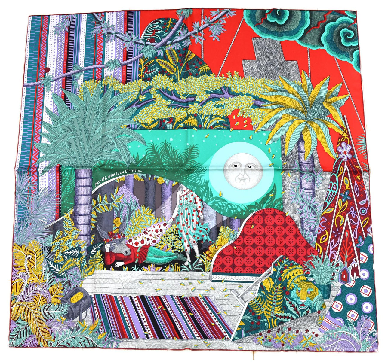 Hermes Scarf Acte III Scene I La Clairiere 90 cm silk red green Carre sun 35"