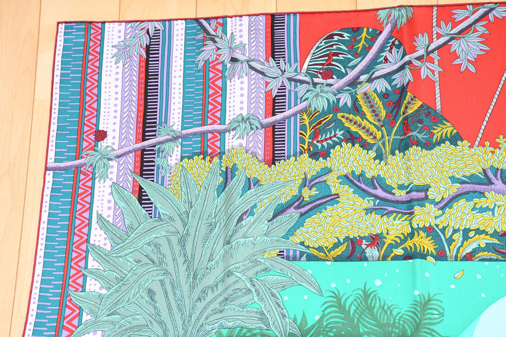 Hermes Scarf Acte III Scene I La Clairiere 90 cm silk red green Carre sun 35"
