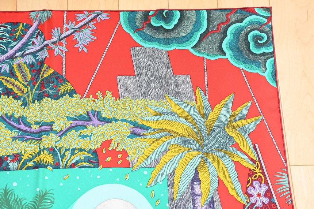 Hermes Scarf Acte III Scene I La Clairiere 90 cm silk red green Carre sun 35"
