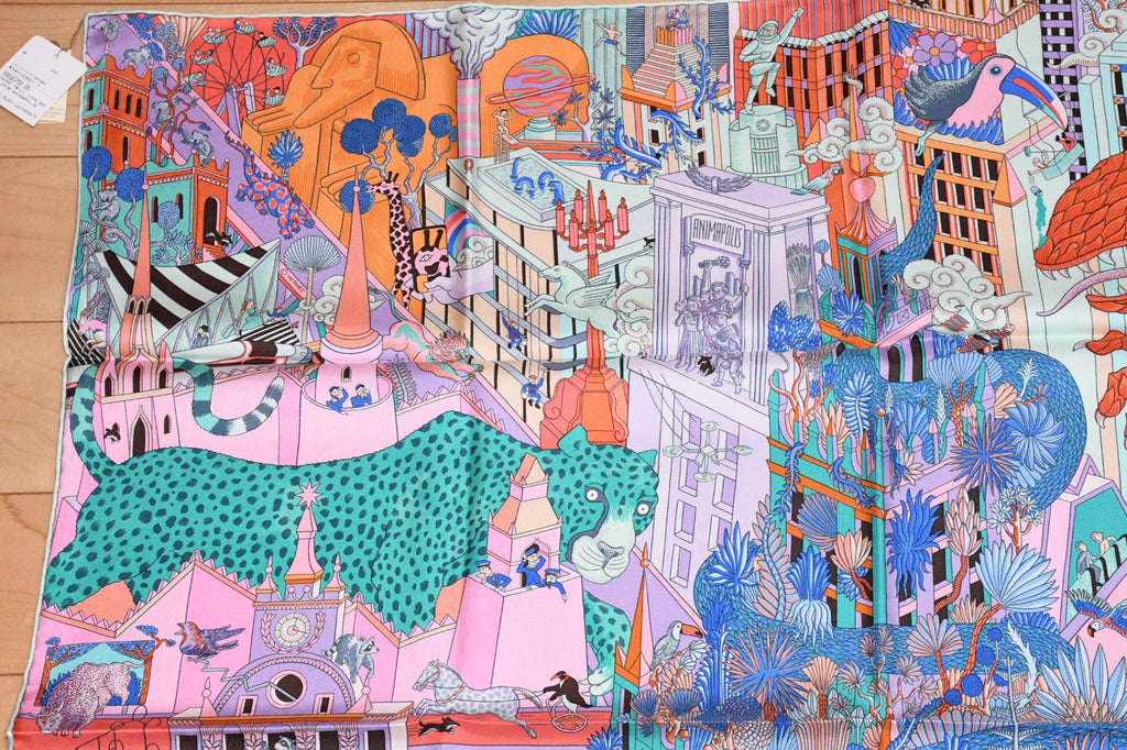Hermes Scarf Animapolis 90 cm silk pink purple Carre animal cheetah 35"