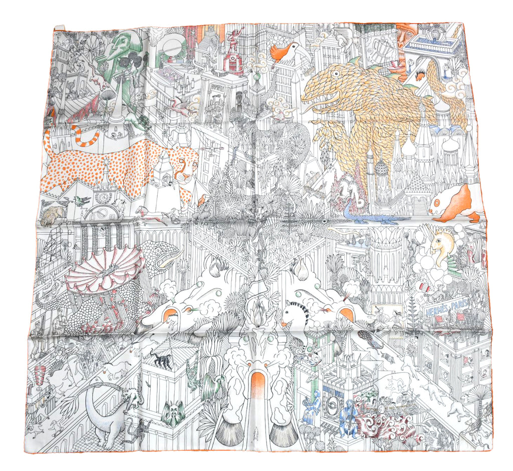 Hermes Scarf Animapolis 90 cm silk white orange Carre animal cheetah 35"