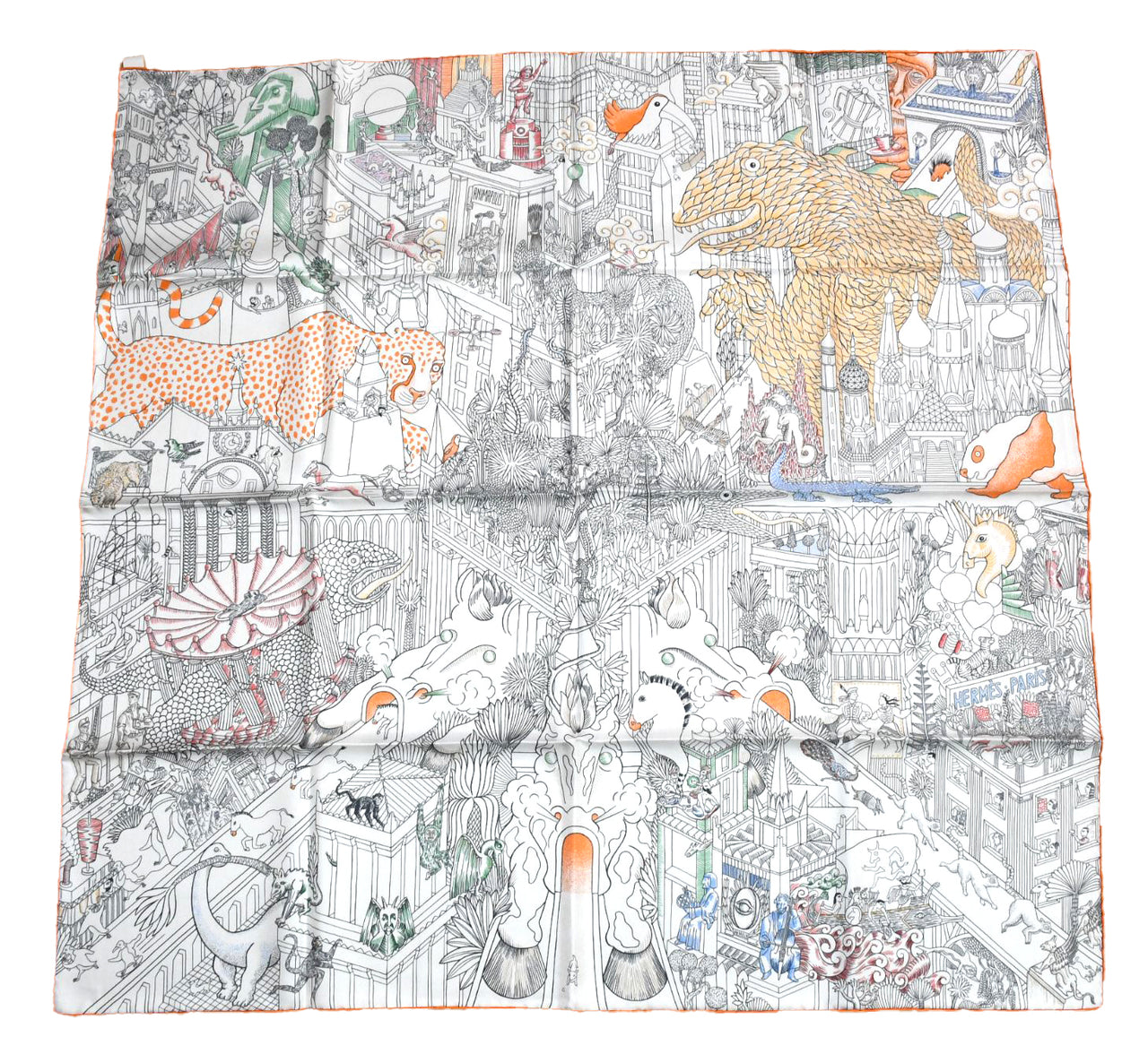 Hermes Scarf Animapolis 90 cm silk white orange Carre animal cheetah 35"