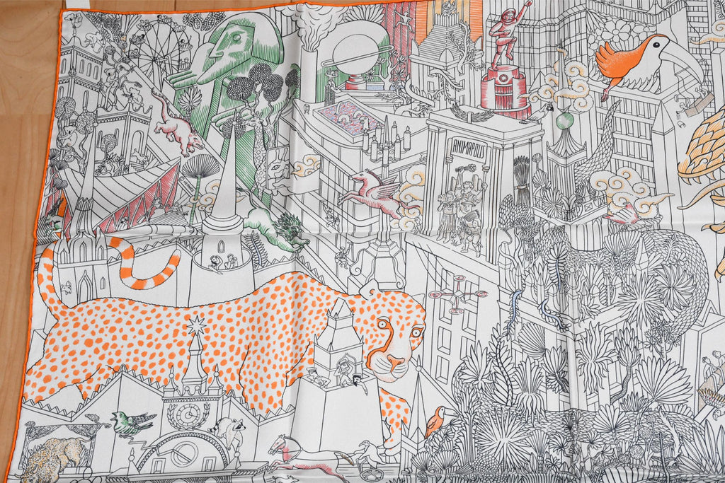 Hermes Scarf Animapolis 90 cm silk white orange Carre animal cheetah 35"
