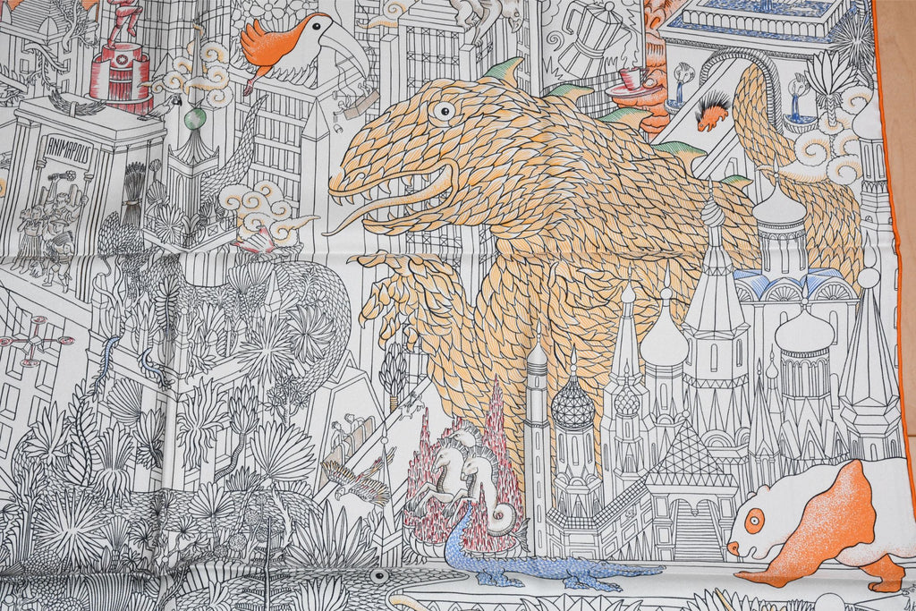 Hermes Scarf Animapolis 90 cm silk white orange Carre animal cheetah 35"