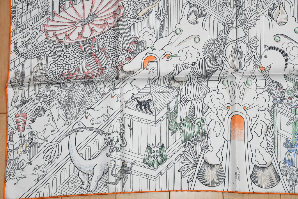 Hermes Scarf Animapolis 90 cm silk white orange Carre animal cheetah 35"
