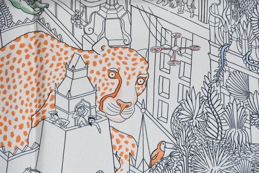 Hermes Scarf Animapolis 90 cm silk white orange Carre animal cheetah 35"