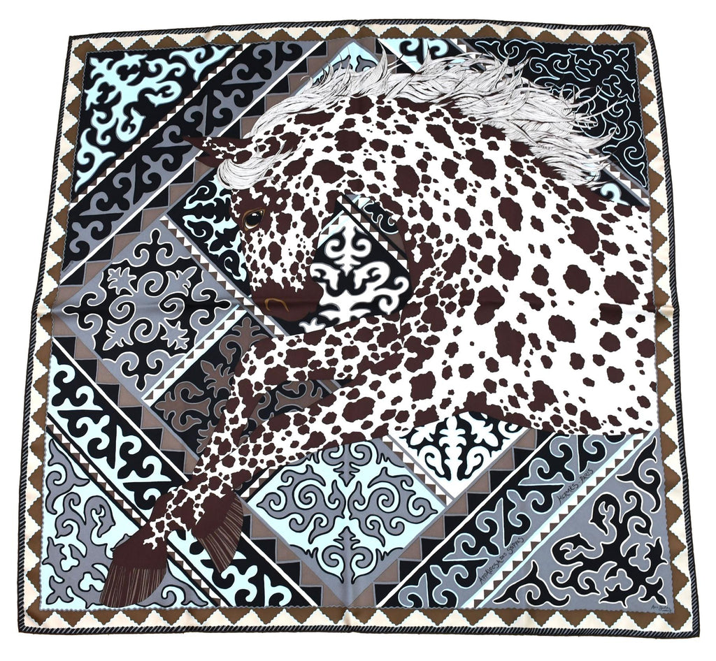 Hermes Scarf Appaloosa des Steppes by Alice Shirley 90 cm silk zebra horse Carre gray blue