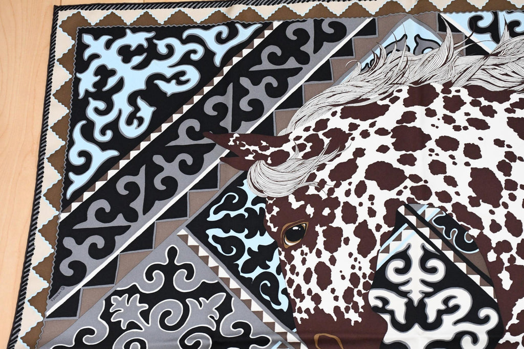 Hermes Scarf Appaloosa des Steppes by Alice Shirley 90 cm silk zebra horse Carre gray blue