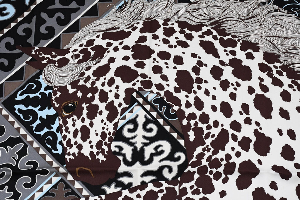 Hermes Scarf Appaloosa des Steppes by Alice Shirley 90 cm silk zebra horse Carre gray blue