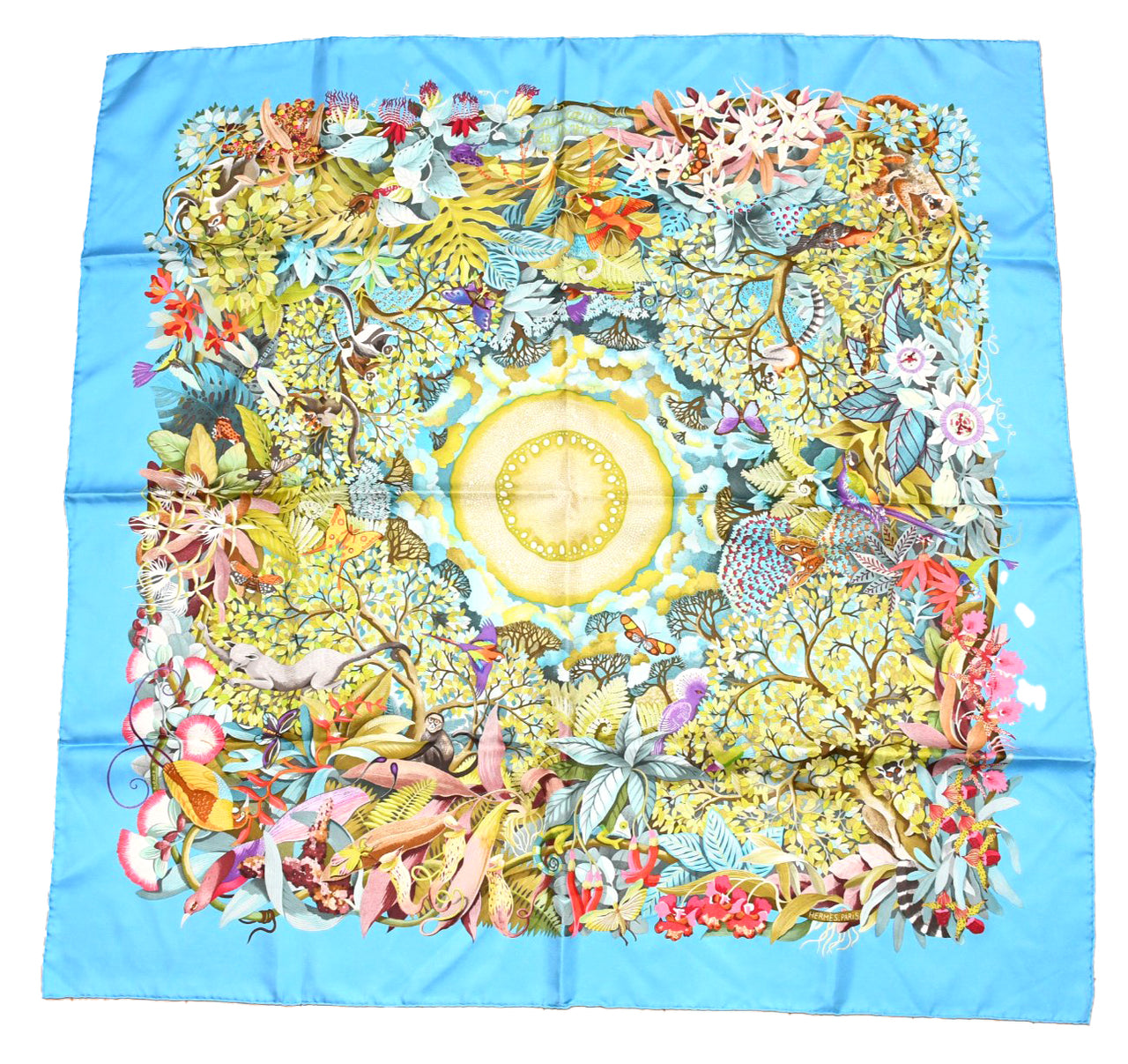 Hermes Scarf Au Coeur de la Vie 90 cm silk blue Carre life tree flower 35"