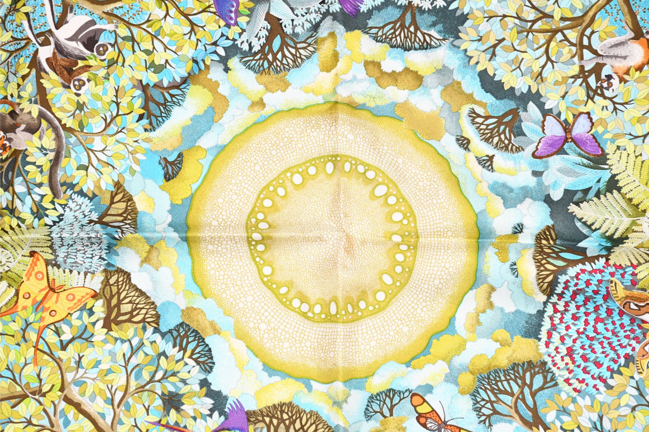 Hermes Scarf Au Coeur de la Vie 90 cm silk blue Carre life tree flower 35"
