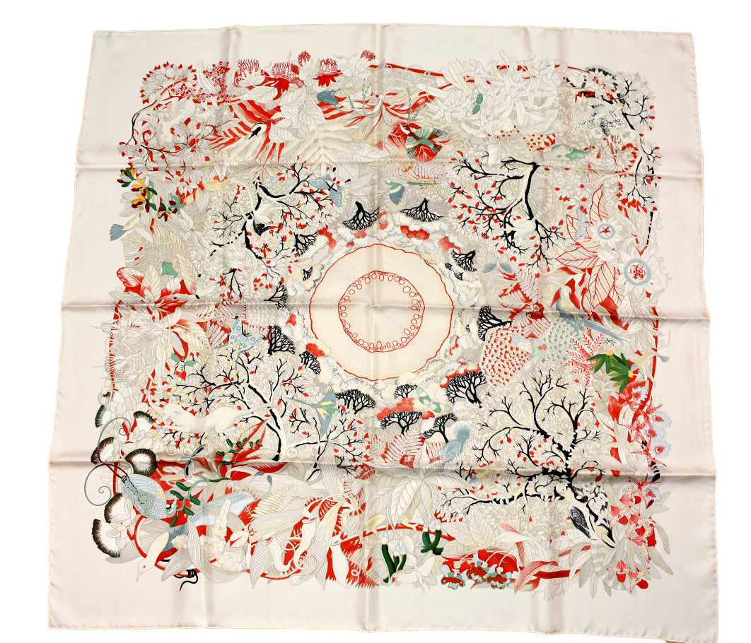 Hermes Scarf Au Coeur de la Vie 90 cm silk white Carre life tree flower 35"