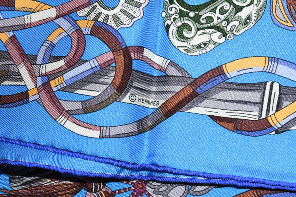 Hermes Scarf Au Fil du Carre 90 cm silk blue Carre jewelry 35"