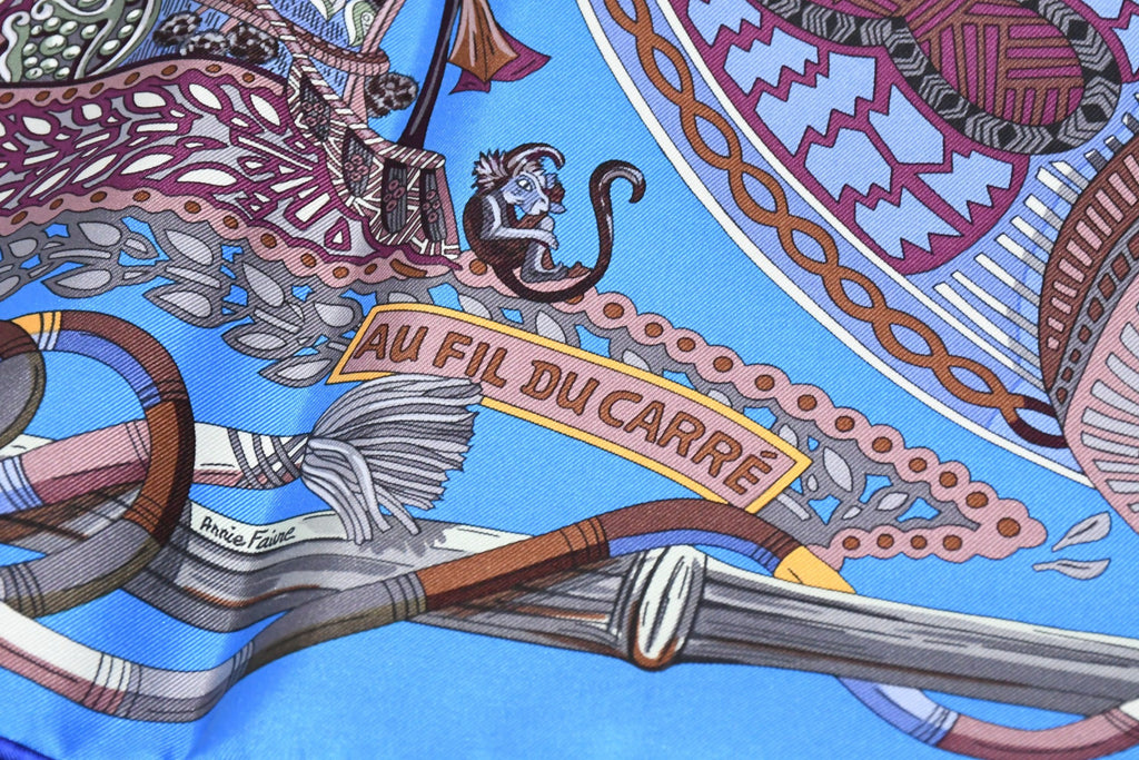Hermes Scarf Au Fil du Carre 90 cm silk blue Carre jewelry 35"