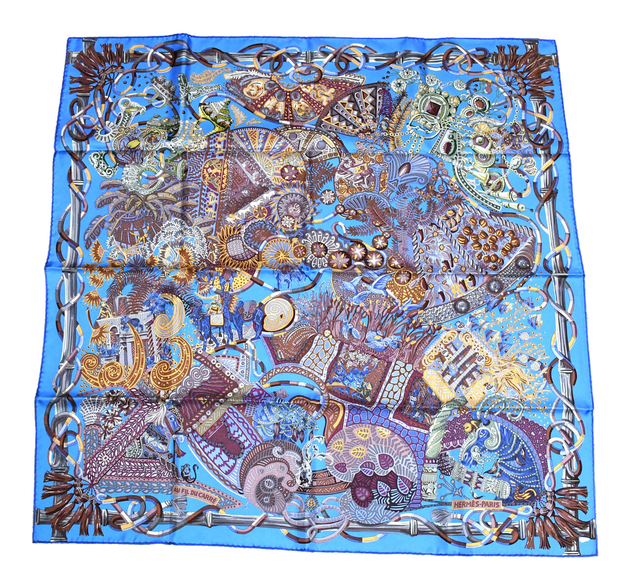Hermes Scarf Au Fil du Carre 90 cm silk blue Carre jewelry 35"