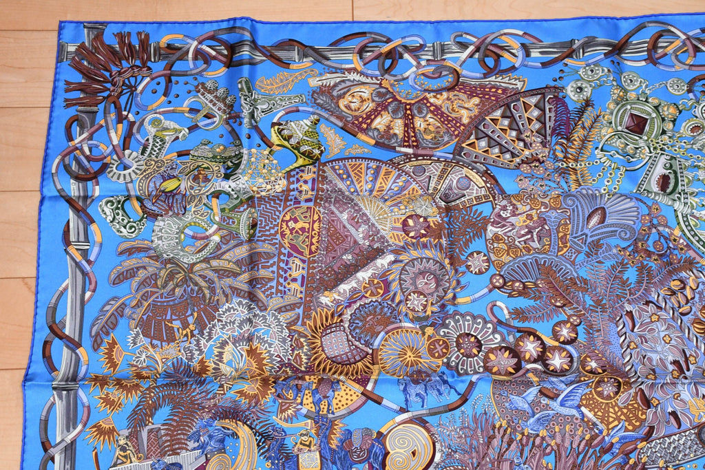 Hermes Scarf Au Fil du Carre 90 cm silk blue Carre jewelry 35"