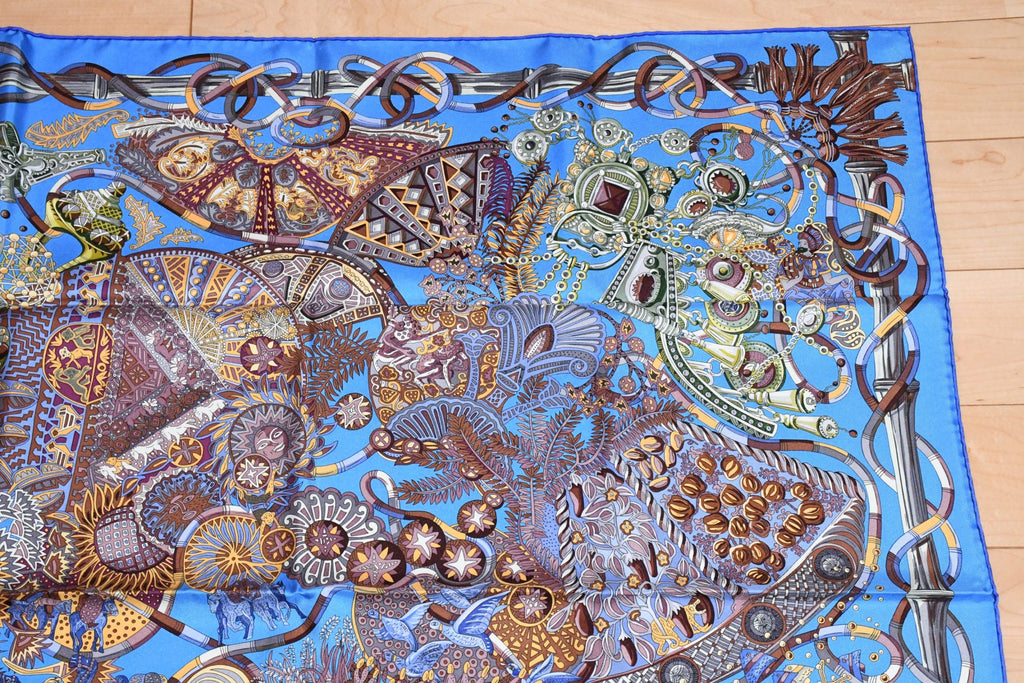 Hermes Scarf Au Fil du Carre 90 cm silk blue Carre jewelry 35"
