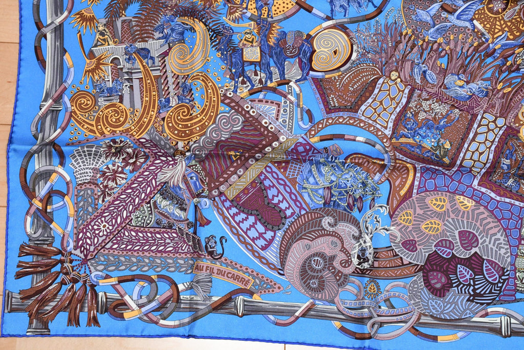 Hermes Scarf Au Fil du Carre 90 cm silk blue Carre jewelry 35"