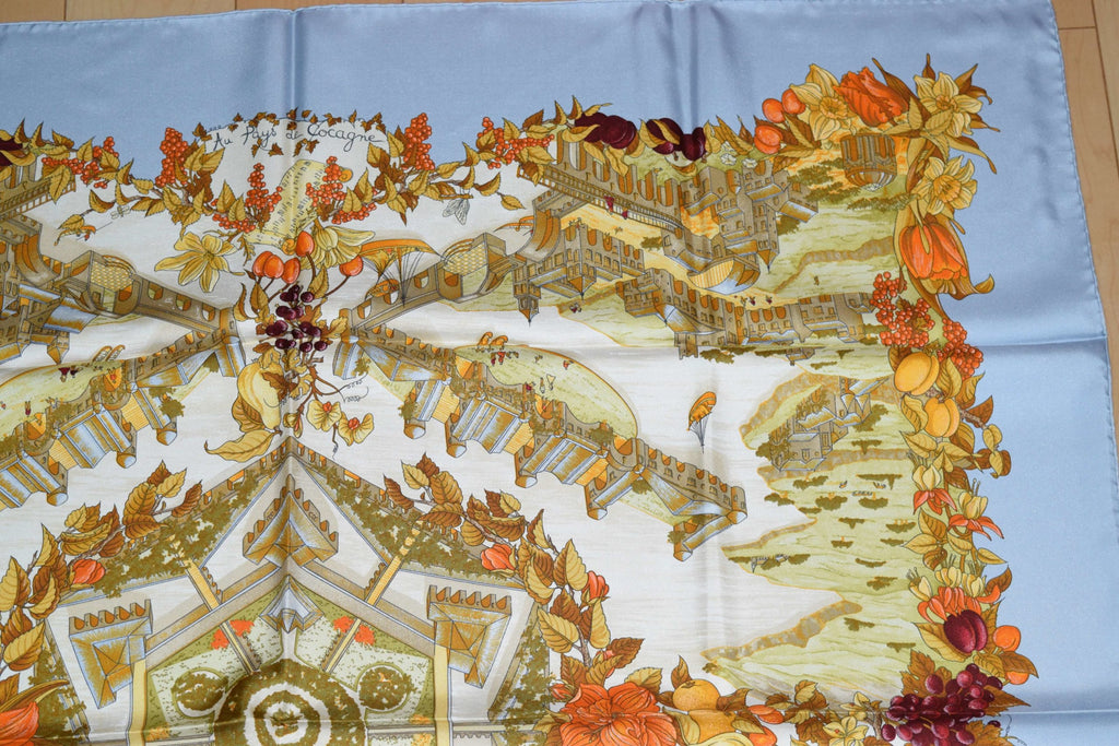 Hermes Scarf Au Pays de Cocagne by Zoé Pauwels Silk 90 cm White Carre Shawl