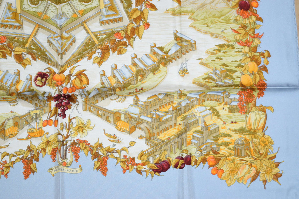 Hermes Scarf Au Pays de Cocagne by Zoé Pauwels Silk 90 cm White Carre Shawl