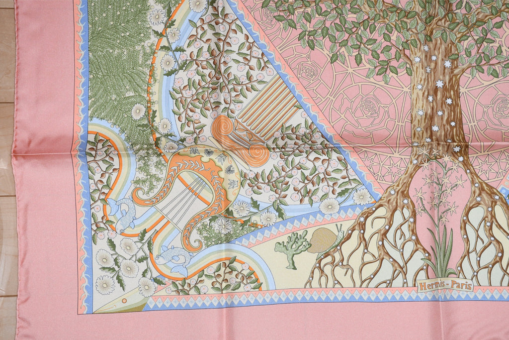 Hermes Scarf Axis Mundi 90 cm silk pink Carre world tree 35" AU22