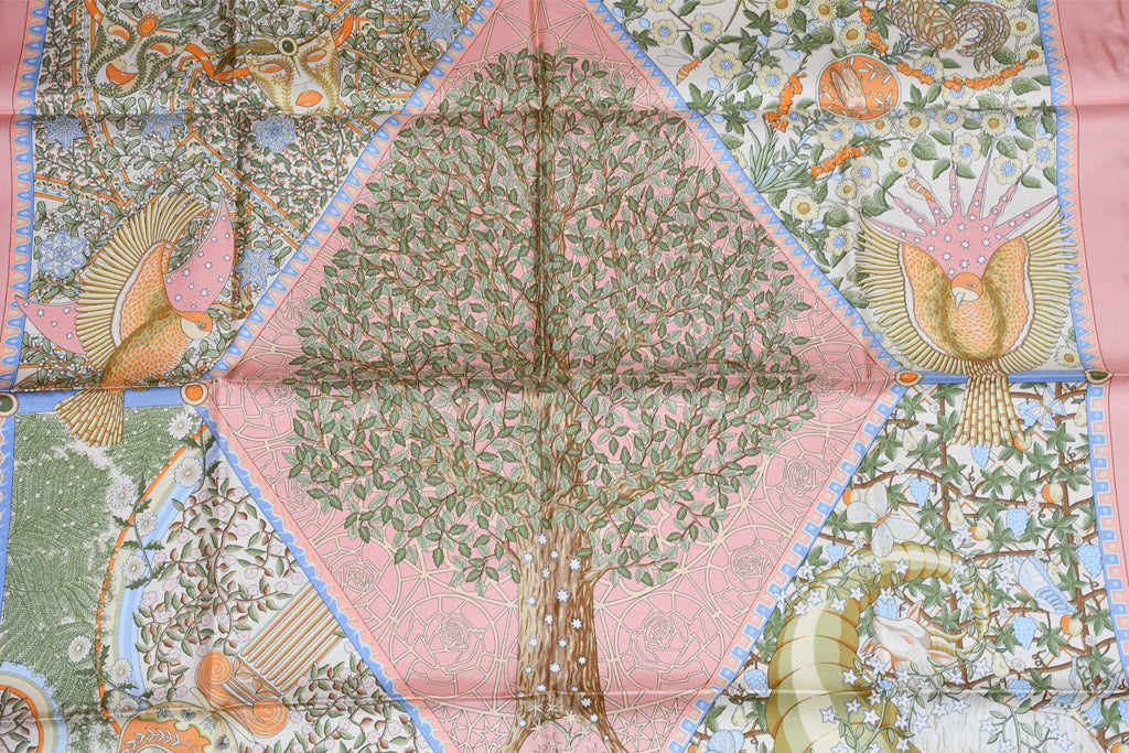 Hermes Scarf Axis Mundi 90 cm silk pink Carre world tree 35" AU22