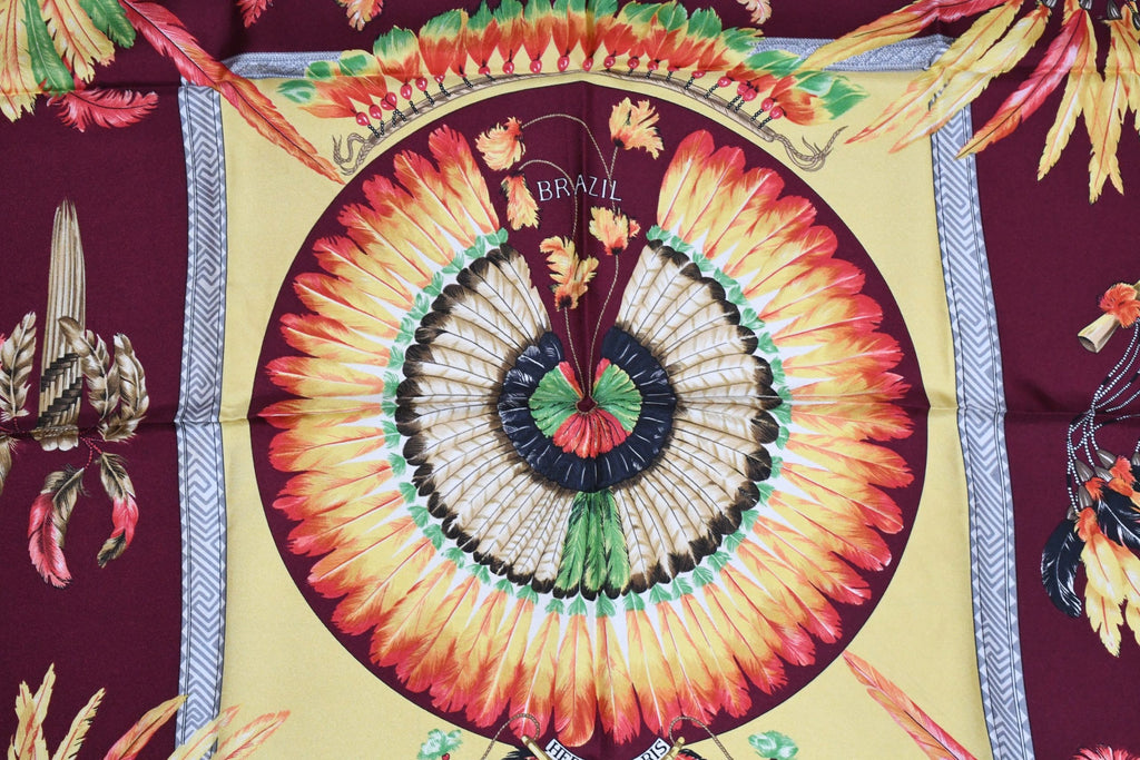 Hermes Scarf BRAZIL by Laurence Bourthoumieux 90 cm silk wine red Carre vintage
