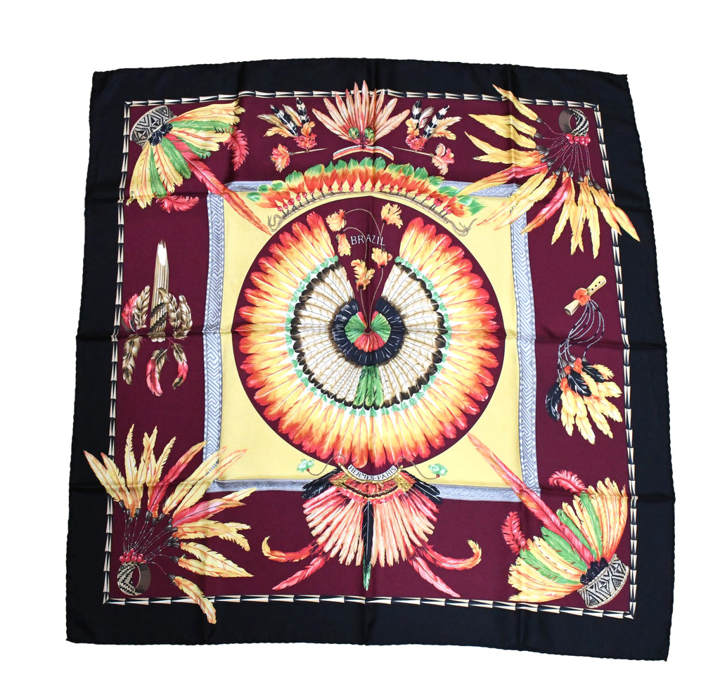 Hermes Scarf BRAZIL by Laurence Bourthoumieux 90 cm silk wine red Carre vintage