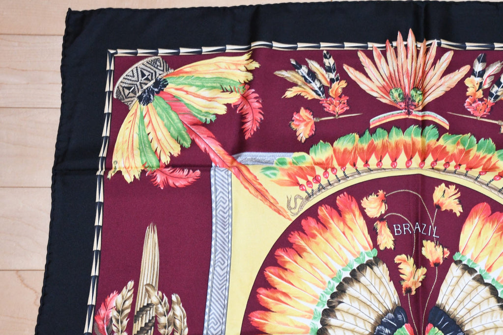 Hermes Scarf BRAZIL by Laurence Bourthoumieux 90 cm silk wine red Carre vintage