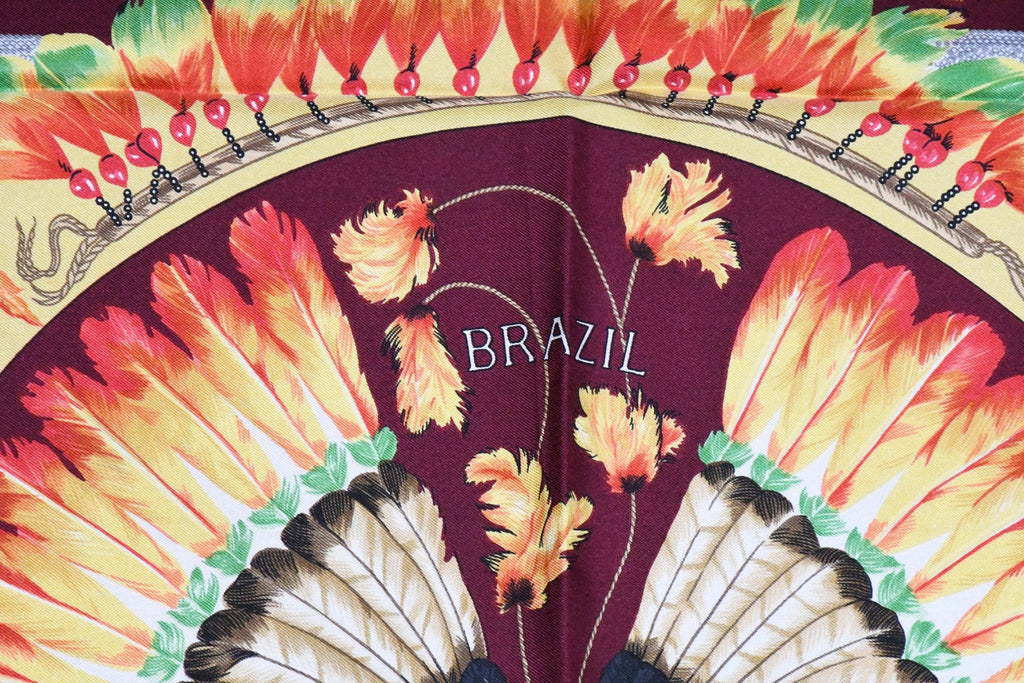 Hermes Scarf BRAZIL by Laurence Bourthoumieux 90 cm silk wine red Carre vintage