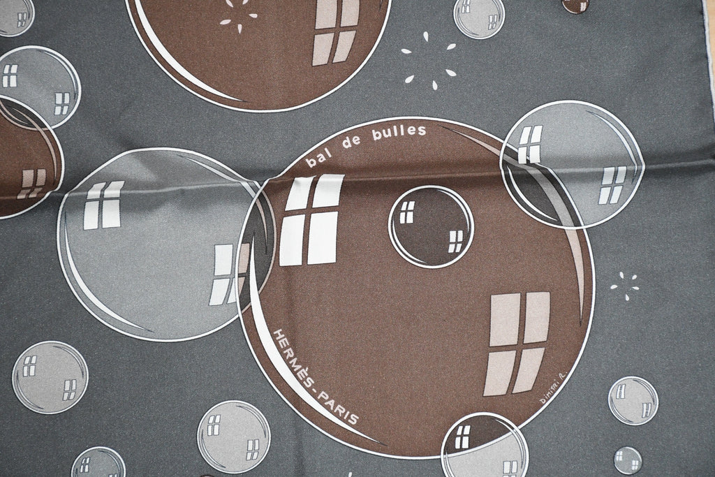 Hermes Scarf Bal De Bulles 90 cm silk gray brown Carre soap bubble ball 35"