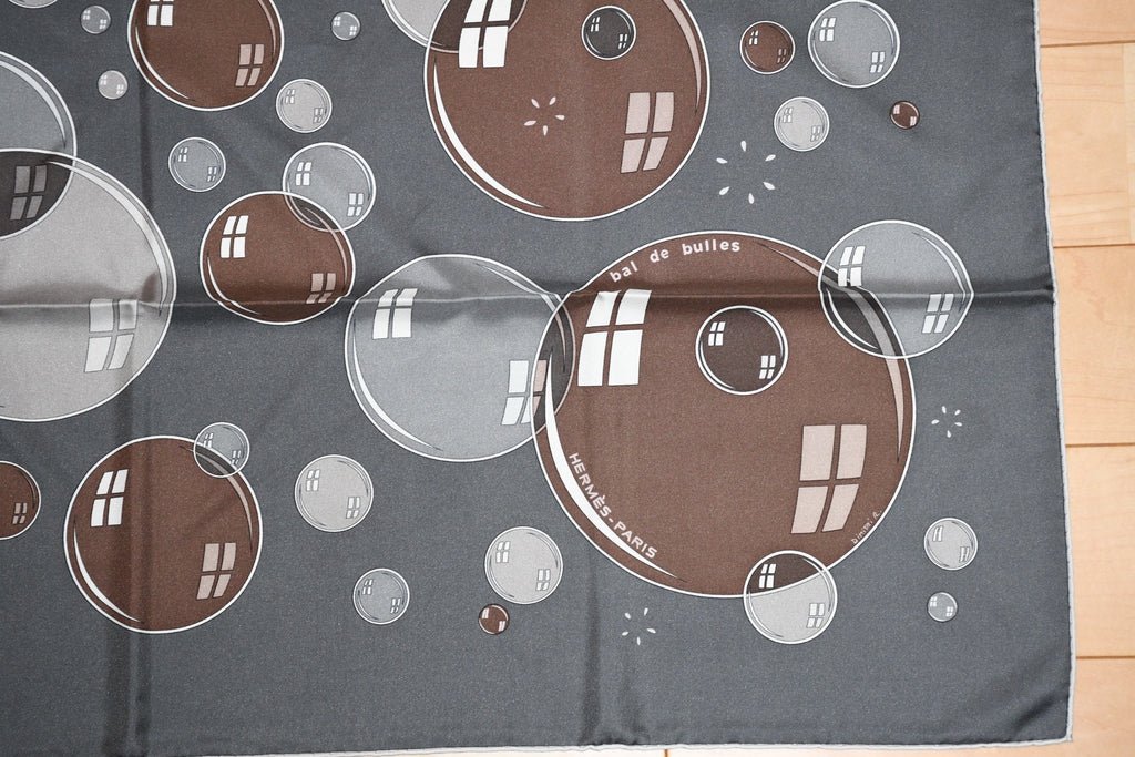 Hermes Scarf Bal De Bulles 90 cm silk gray brown Carre soap bubble ball 35"