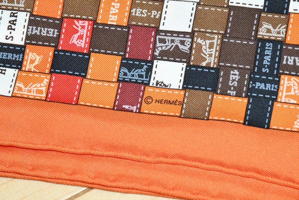 Hermes Scarf Bolduc au Carre 90 cm Silk orange brown ribbon 35"