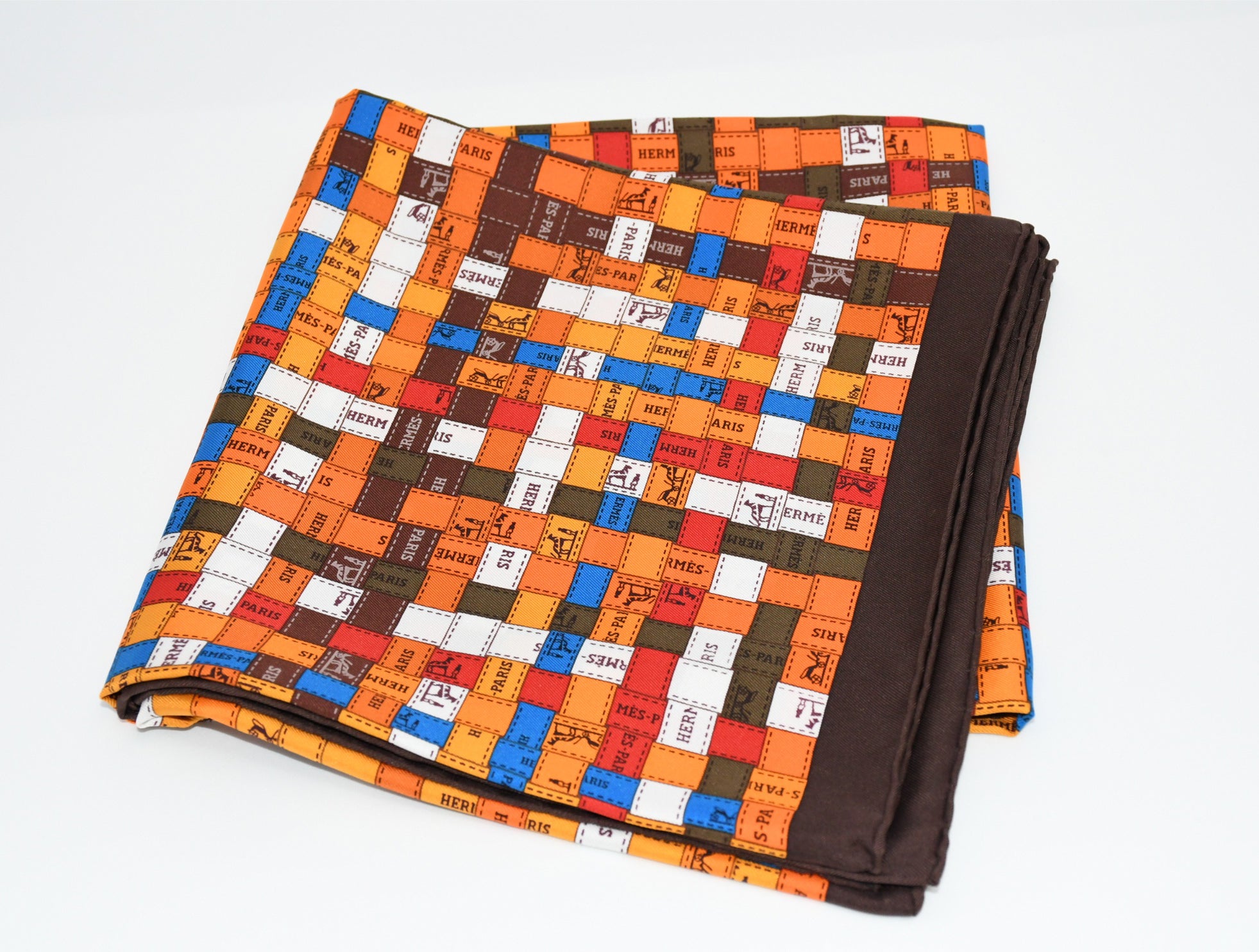 Hermes Scarf Bolduc au Carre 90 cm silk brown orange ribbon 35