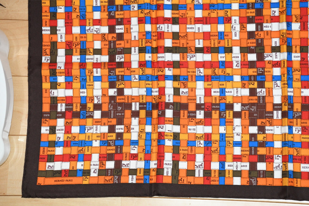 Hermes Scarf Bolduc au Carre 90 cm silk brown orange ribbon 35"
