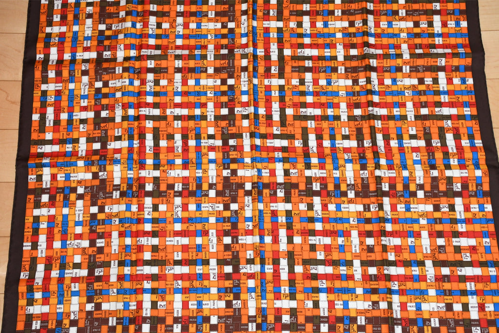 Hermes Scarf Bolduc au Carre 90 cm silk brown orange ribbon 35"
