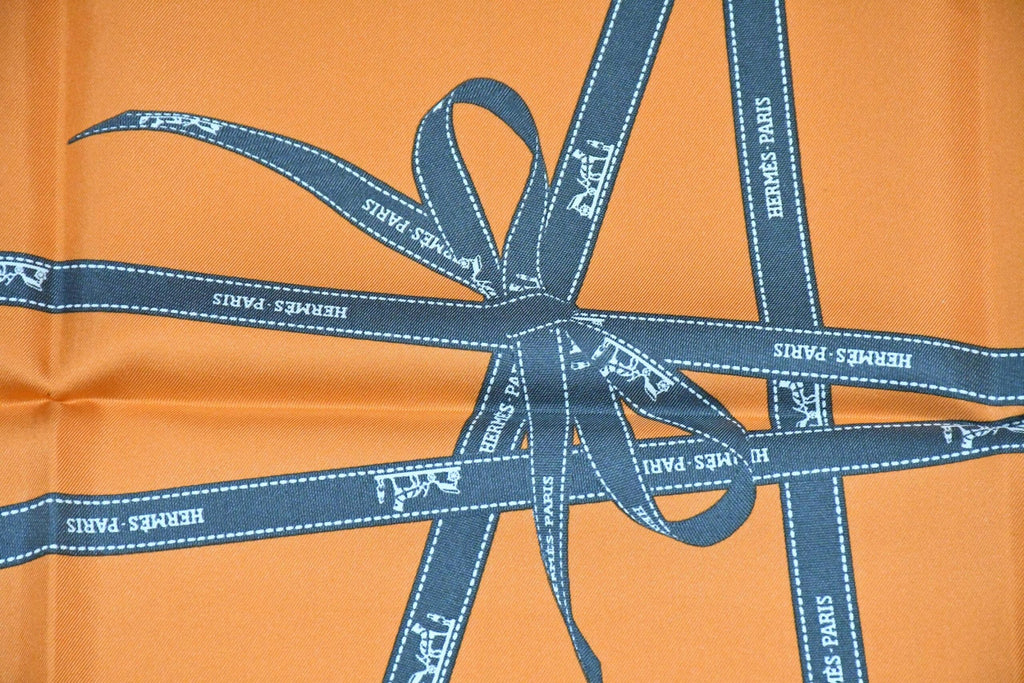 Hermes Scarf Bolduc by Jean Louis Dumas Silk 90 cm ribbon orange Carre 35" RA77